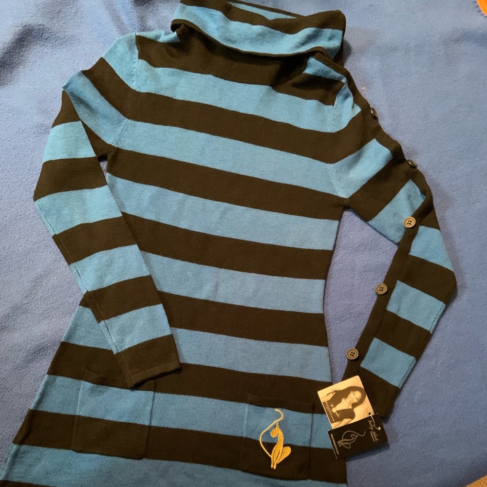 Girls Baby Phat blue and black strip turtleneck sweater. Brand new. Size small